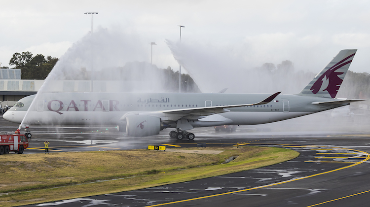 Qatar Airbus A350-900 A7-ALH receives an ARFF monitor cross after landing at Adelaide Airport. (Seth Jaworski)
