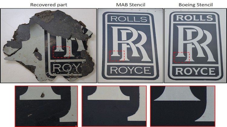 The stencil comparison of the discovered engine cowling. (ATSB)