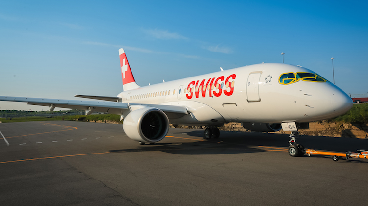 A file image of Swiss' first Bombardier CS100 leaving the paintshop. (Bombardier)