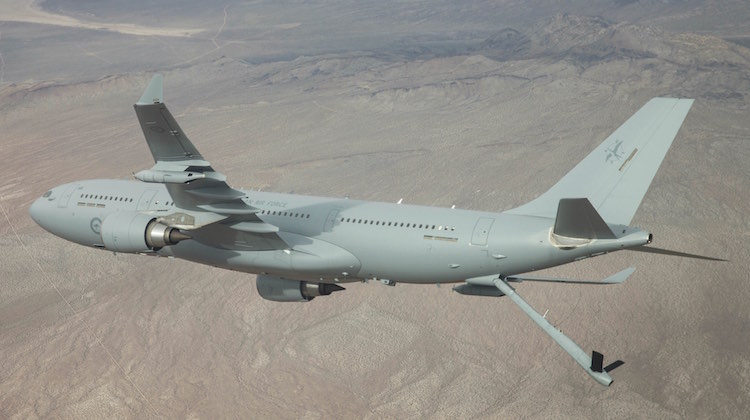 A Royal Australian Air Force KC-30A Multi-Role Tanker Transport during boom refuelling trials in the United States.