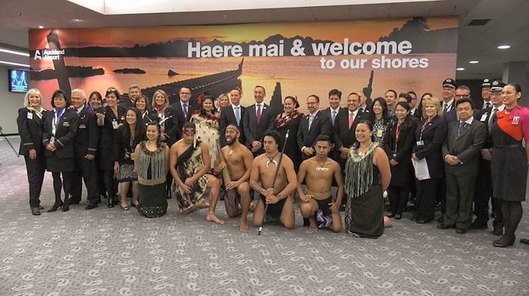 American flight AA83 from Los Angeles to Auckland receives a traditional welcome in the terminal. (Auckland Airport/Facebook)