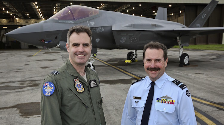 Wing Commander Darren Clare (left) and Chief of Air Force, Air Marshal Leo Davies, AO, CSC with the F-35A during the Royal International Air Tattoo at RAF Fairford.