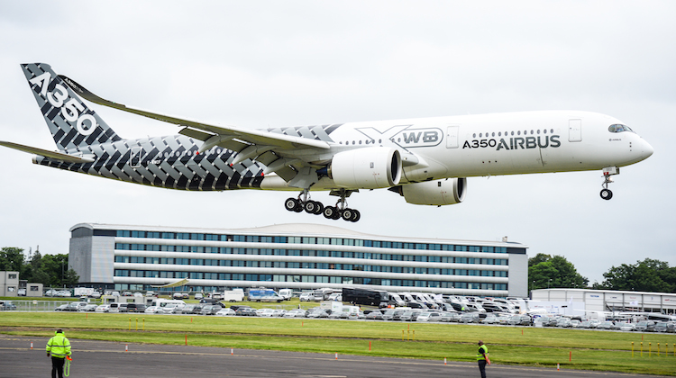 The Airbus A350 arrives at the Farnborough Air Show. (Airbus)