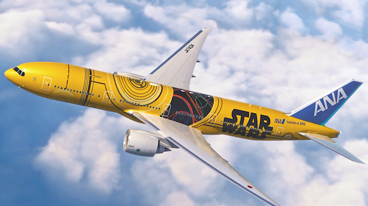 A supplied image of ANA's latest Star Wars-themed aircraft, featuring C-3PO. (ANA)
