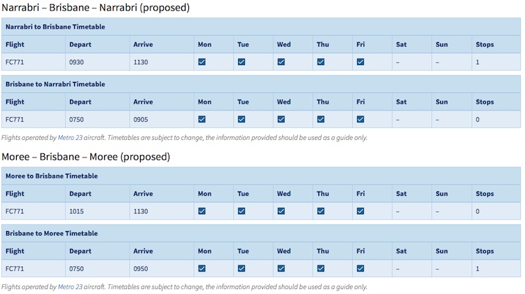 Fly Corporate's proposed schedule for Narrabri and Moree flights. (Fly Corporate)