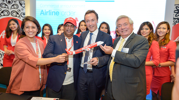 From left AirAsia CEO Aireen Omar, AirAsia group CEO Tony Fernandes, Airbus CEO Fabrice Bregier and Airbus chief salesman John Leahy. (Airbus)
