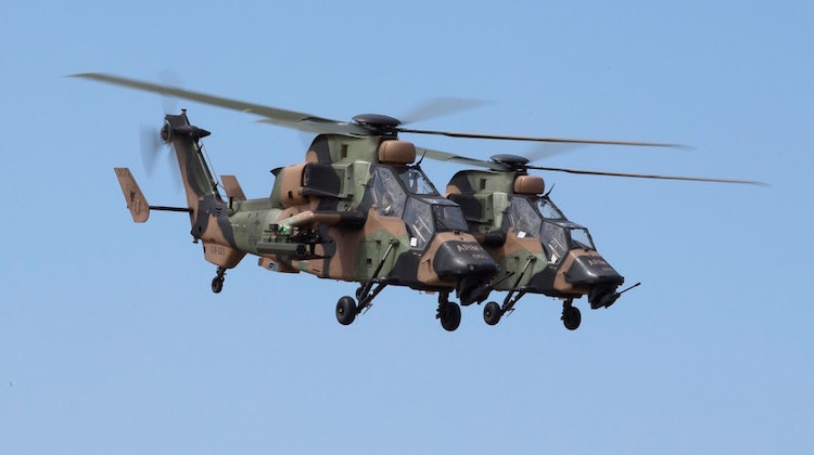 Australian Army A38 Eurocoptor Tigers on a flight task during Exercise Northern Shield 2015.