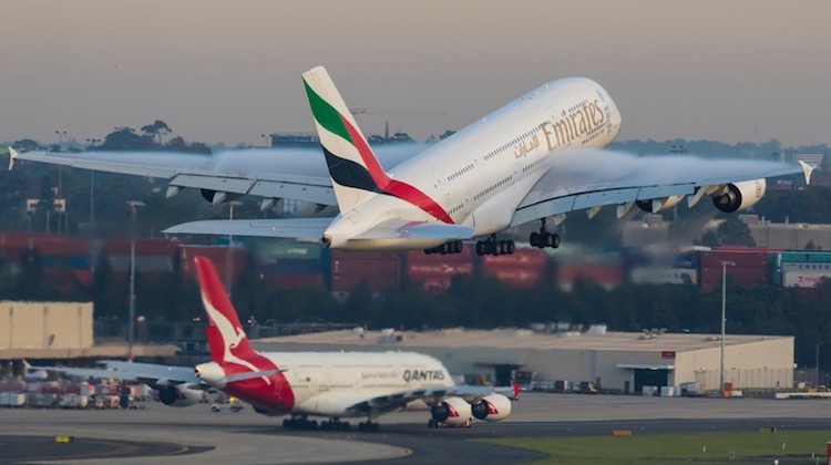 An April 2015 image of Emirates Airbus A380 A6-EEF taking off from Sydney Airport. (Seth Jaworski)
