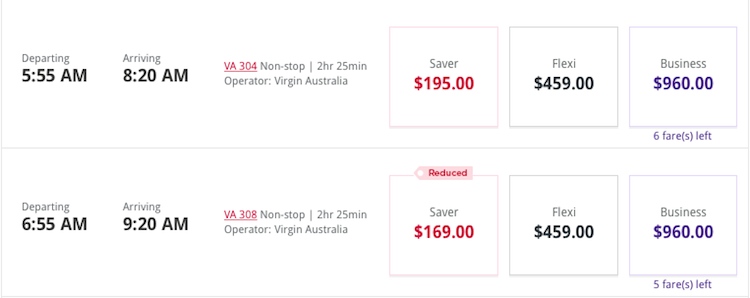 A screenshot taken on September 6 of fares for Brisbane-Sydney flights on September 13. (VirginAustralia.com.au)