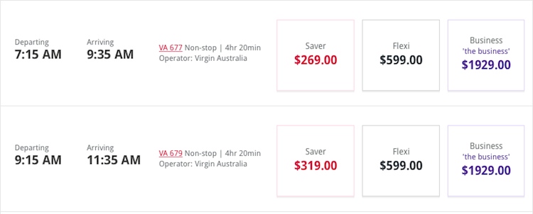 A screenshot taken on September 6 of fares for Melbourne-Perth flights on September 13. (VirginAustralia.com.au)
