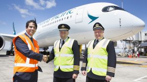 NZ Minister for Transport Simon Bridges with Cathay Pacific pilots Gavin Haslemore and Colin Davis. (Cathay Pacific)