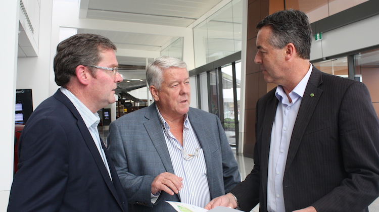 Local member John McVeigh, Wagners' John Wagner and Minister Darren Chester at Wellcamp Airport. (Minister Chester's office)