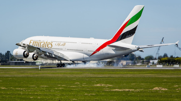 Emirates Airbus A380 A6-EUG touching down at Christchurch Airport. (Emirates)