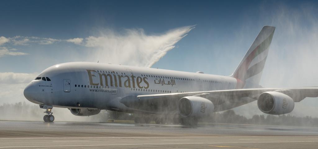 The Emirates inaugural A380 flight receives a celebratory welcome at Christchurch Airport. (Emirates)