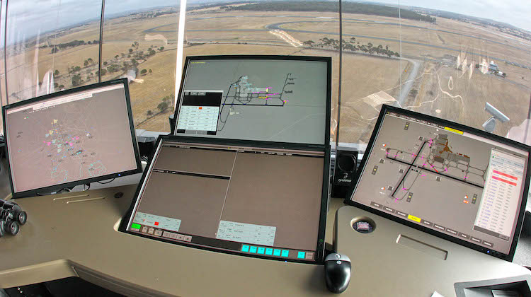 A file image of the scene from inside the Melbourne Tullamarine air traffic control tower. (Airservices)