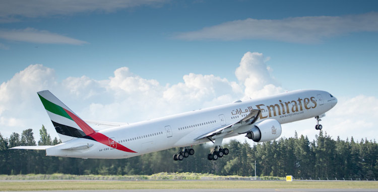 The last Emirates Boeing 777-300ER takes off at Christchurch Airport. (Waynne Williams) 