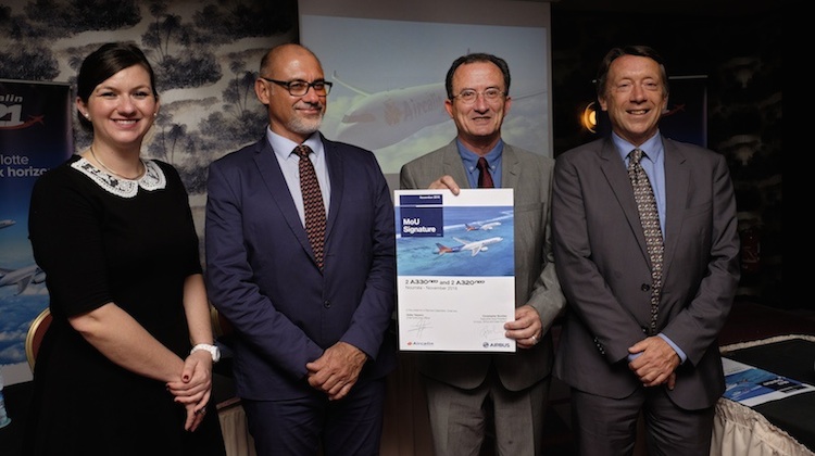 Airbus sales contracts director Marie-Frederique Romain, Aircalin chief executive Didier Tappero, Aircalin chairman, Member of New Caledonia Government Bernard Deladrière and Airbus executive vice president for Europe, Africa and Pacific Christopher Buckley. (Airbus)
