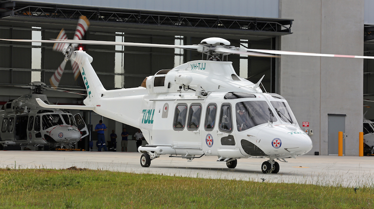 Rescue 207 VH-TJJ departs Bankstown Airport on Toll NSW Ambulance Rescue Helicopter’s first mission. (Paul Sadler)