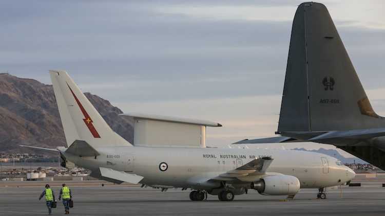 RAAF No. 2 Squadron walk out to an E-7A Wedgetail during Exercise Red Flag 17-1. (Defence)