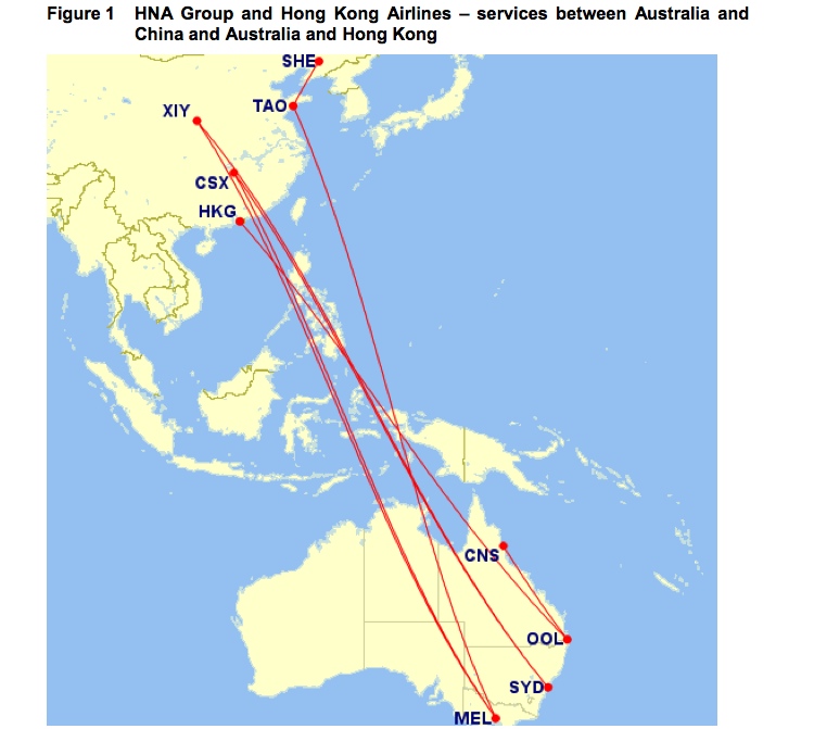 The combined Australian network of HNA Group carriers and Hong Kong Airlines. (ACCC)