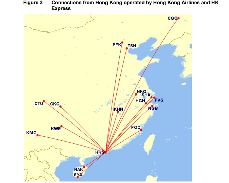 Hong Kong Airlines and HK Express connections out of Hong Kong to China. (ACCC)