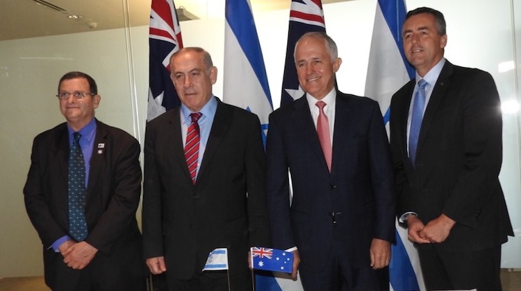 From left, Israel Ambassador to Australia Shmuel Ben-Shmuel, Israel Prime Minister Benjamin Netanyahu, Australian Prime Minister Malcolm Turnbull, Minister for Infrastructure and Transport Darren Chester. (Minister Chester's office)