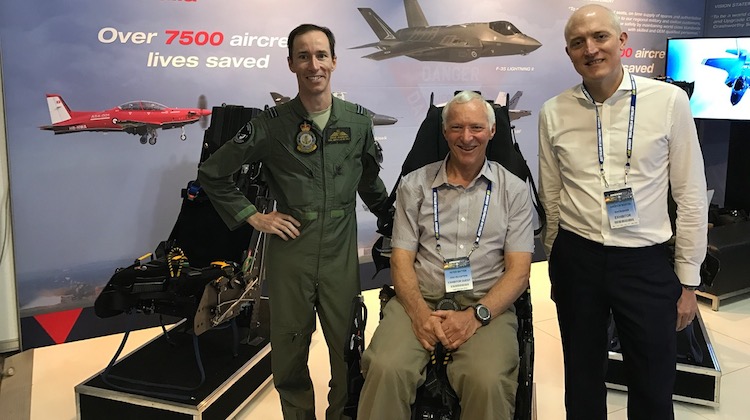 Ejectees of Martin-Baker seats Steven Andrews (PC-9) and Peter Batten (Mirage) with Martin-Baker's Andrew Martin at the 2017 Avalon Airshow. (Martin-Baker)