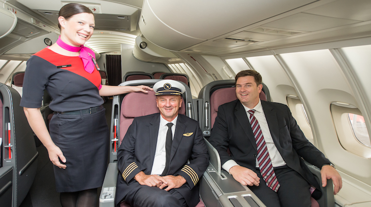 Qantas cabin crew member Bridget Simpson, Qantas Boeing 747 Fleet Senior Training Captain David Oliver and Constellation Journeys founder Dan Kotzmann. (Constellation Journeys)