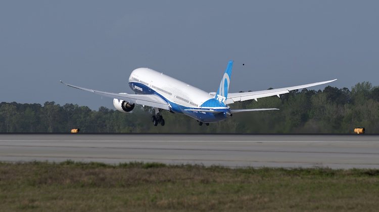 A supplied image of the Boeing 787-10 on its first flight in April 2017. (Boeing)