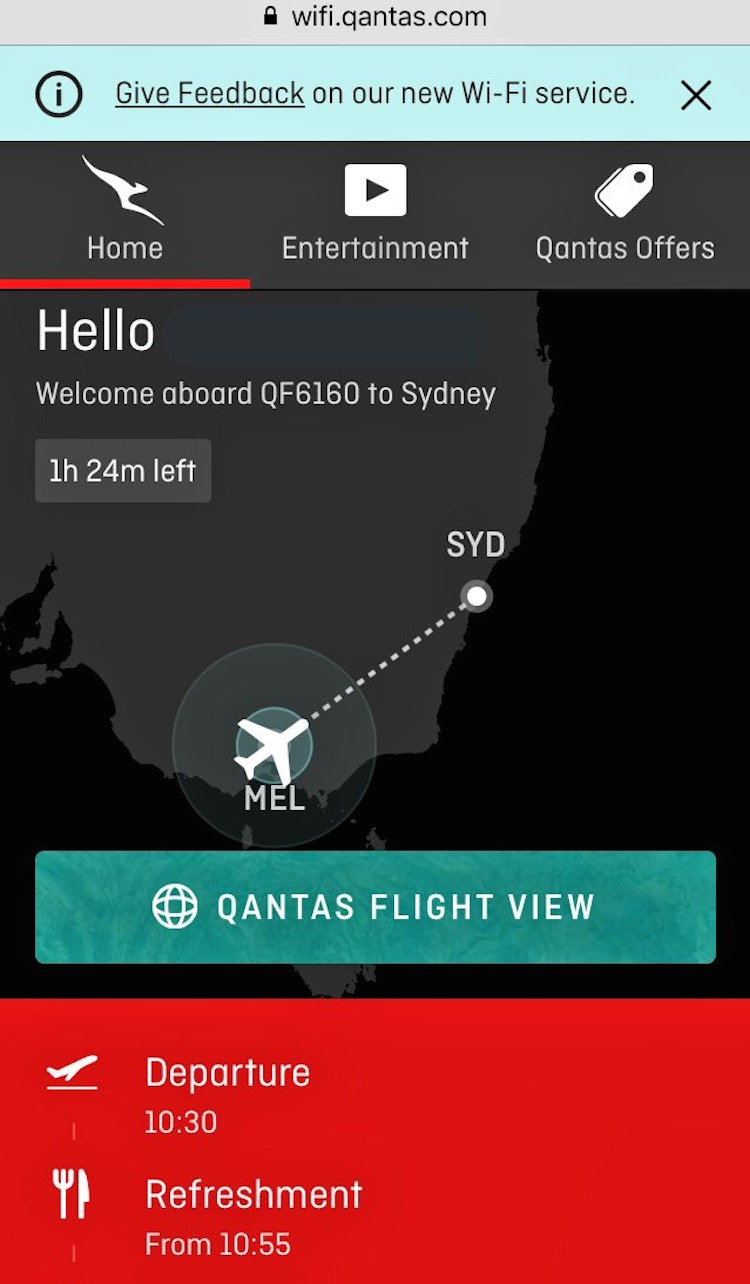 The welcome screen when logging in to the Qantas inflight wifi system. (Jordan Chong)