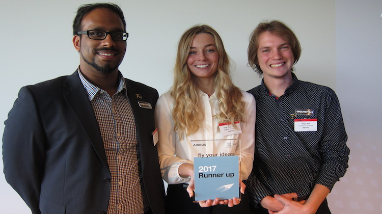 Team Aquarius members Anil Ravindran, Kerry Phillips, Philipp Klink from RMIT University with their Airbus Fly Your Ideas runner-up trophy. (Jordan Chong)