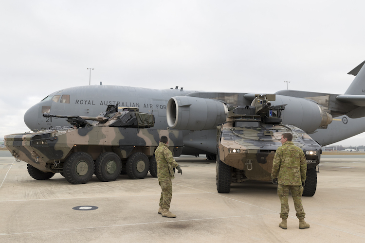 The C-17 was involved in air transportability trials with the LAND 400 Phase 2 Combat Reconnaissance Vehicle contenders at Defence Establishment Fairbairn on June 22. (Defence)