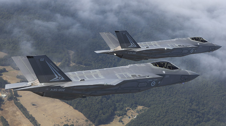 Australias first F-35A Lightning II aircraft 01 and 02 in transit to the Australian International Airshow in Avalon. (Defence)