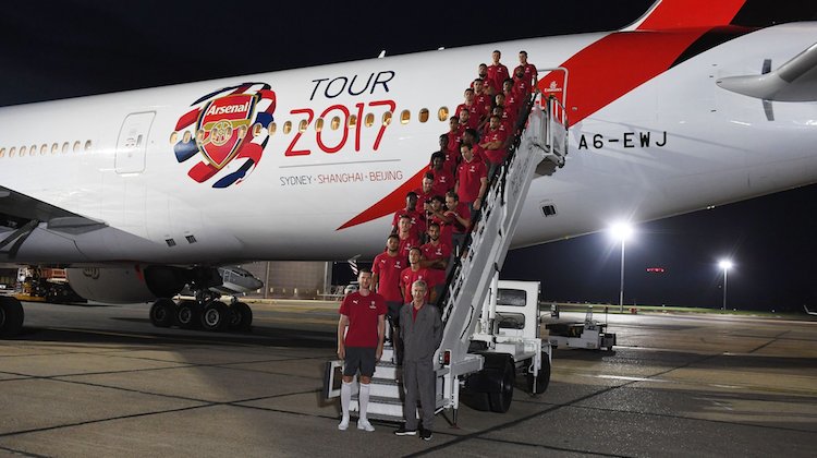 The Arsenal squad ahead of its flight from London to Sydney. (ArsenalFC/Twitter)