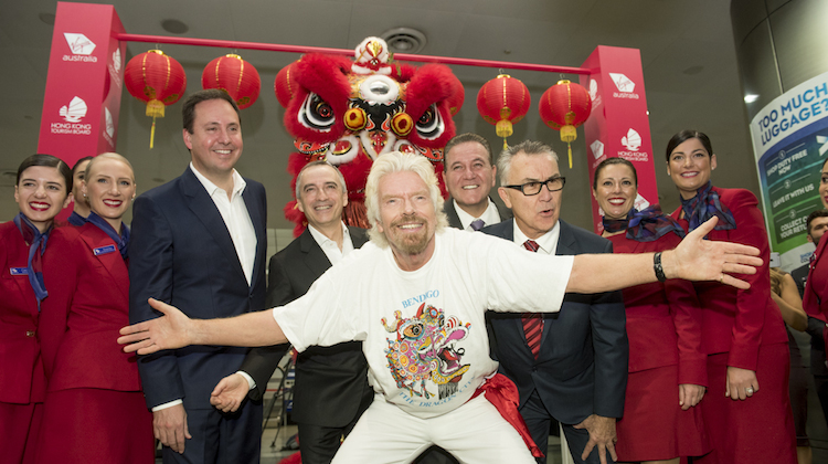 Sir Richard Branson, Virgin Australia chief executive John Borghetti and other special guests celebrating the airline's inaugural Melbourne-Hong Kong flight in July 2017. (Virgin Australia)