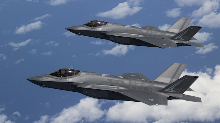 F-35A Lightning II Joint Strike Fighters A35-001 (closest) and A35-002 during the first trans-Pacific flight from Luke Air Force Base, USA to RAAF Base Amberley, Australia. (Defence)