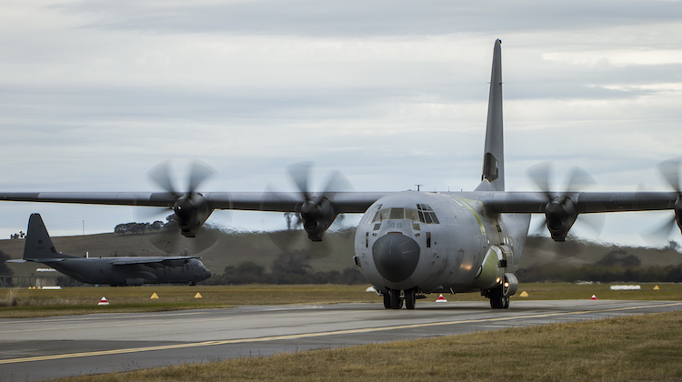 C-130J Hercules, A97-448, arrives at Douglas Aerospace hangar at Wagga Airport ahead of the aircraft's repaint. (Defence)