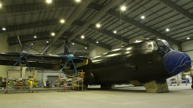 C-130J Hercules, A97-448, inside the Douglas Aerospace hangar at Wagga Airport during the aircraft's repaint. (Defence)