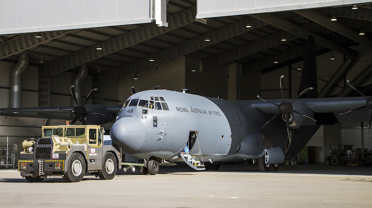 C-130J Hercules, A97-448, emerges from the Douglas Aerospace hangar at Wagga Airport following the aircraft's repaint. (Defence)