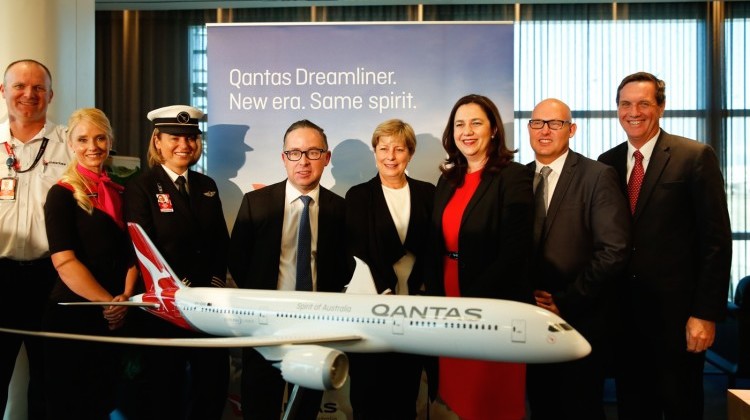 Queensland Premier Annastacia Palaszczuk, Qantas chief executive Alan Joyce and Brisbane Airport chief executive Julieanne Alroe among others at the official announcement of 787-9s being based in Brisbane. (Brisbane Airport)