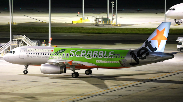 Jetstar Airbus A320 VH-VQH featuring the new Scrabble decal at Melbourne Airport. (Victor Pody)
