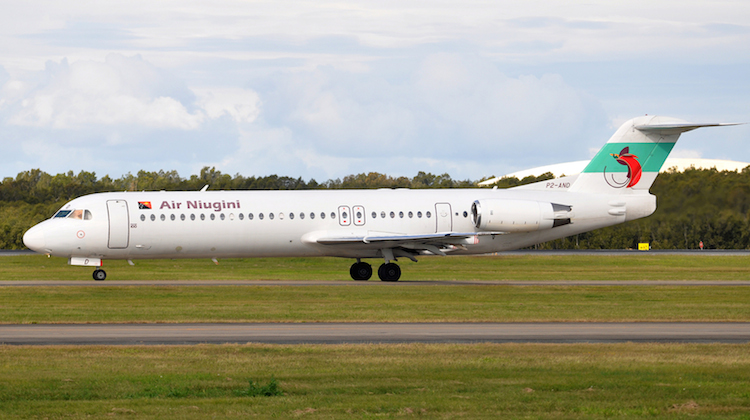 A file image of Air Niugini Fokker 100 P2-AND at Brisbane Airport. (Wikimedia Commons/Robert Frola)