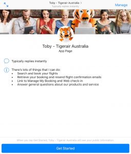 A screenshot of the Tigerair Australia Facebook Messenger chatbot Toby.