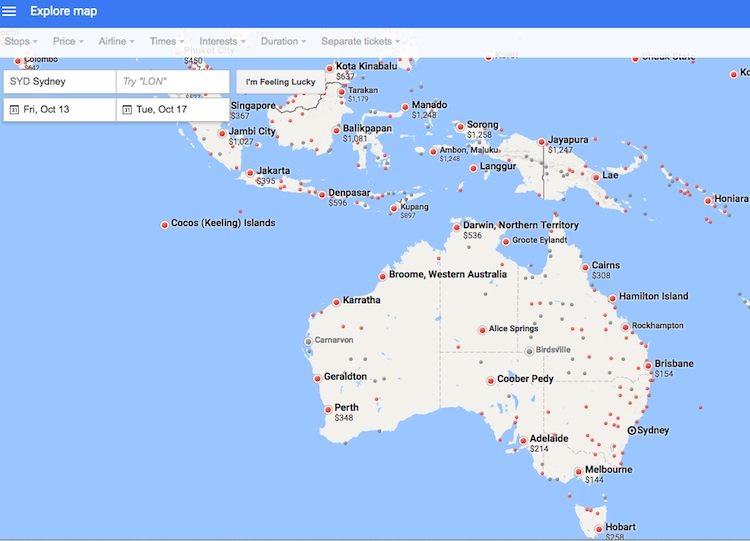 A screenshot of the explore destinations function on the Google Flights application. (Google)