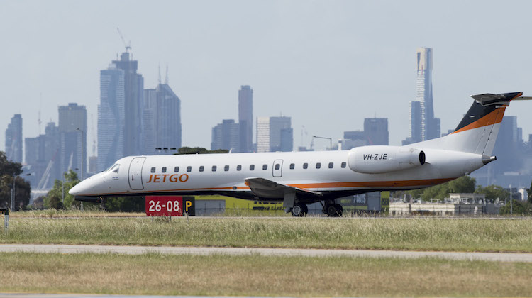 Jetgo Embraer ERJ-135LR VH-ZJE after landing at Melbourne Airport from Albion Park. (SDP Media, Melbourne Essendon Airport)