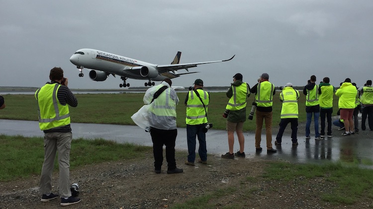 Photographers capture the arrival of Singapore Airlines' first Airbus A350-900 flight to Brisbane. (Brisbane Airport)