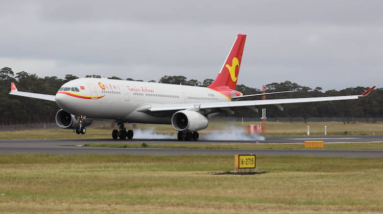Tianjin Airlines Airbus A330-200 B-8596 arrives at Melbourne. (Victor Pody)