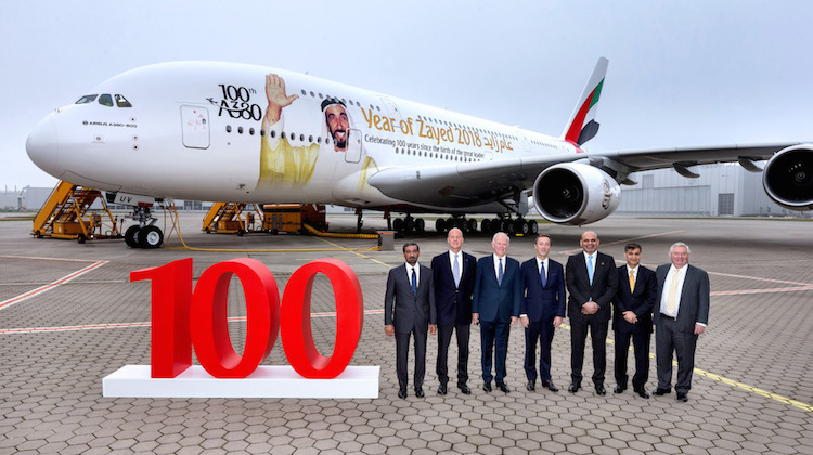 Celebrations at Airbus's Toulouse headquarters as Emirates accepts delivery of 100th A380. (Emirates)