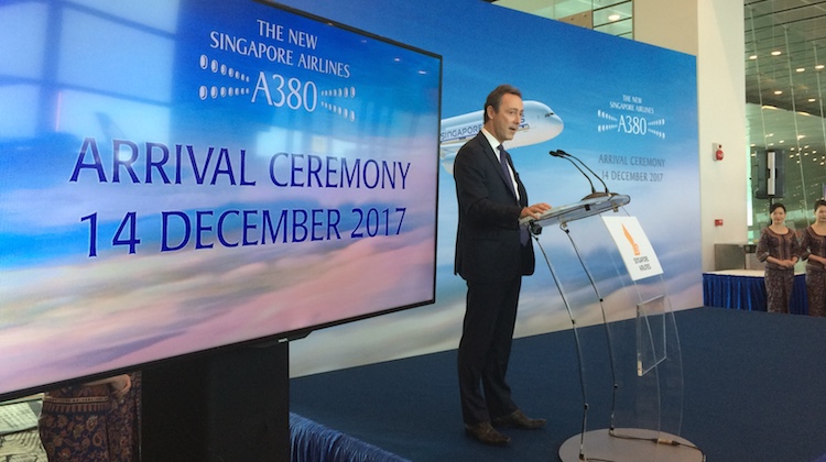 Airbus Commercial Aircraft president Fabrice Bregier speaking in Singapore at the arrival of Singapore Airlines' first Airbus A380 featuring the airline's new cabin products. (Jordan Chong)