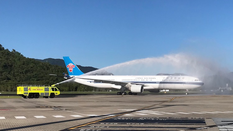 China Southern Airus A330-300 B-8358 gets a traditional welcome at Cairns Airport. (Cairns Airport)